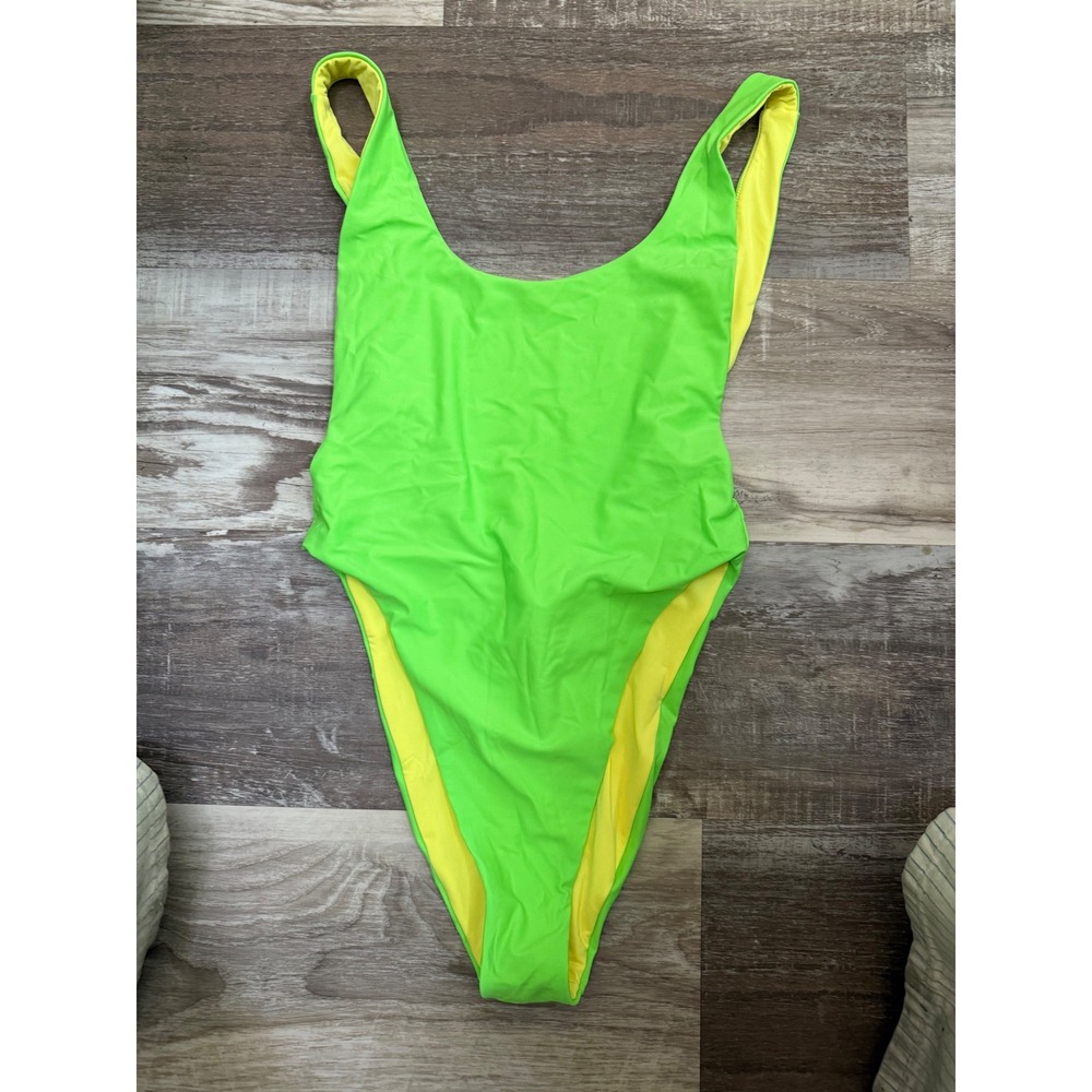 Aerie Womens Neon Green Yellow One Piece Swimsuit High Cut Low Back Medium NEW